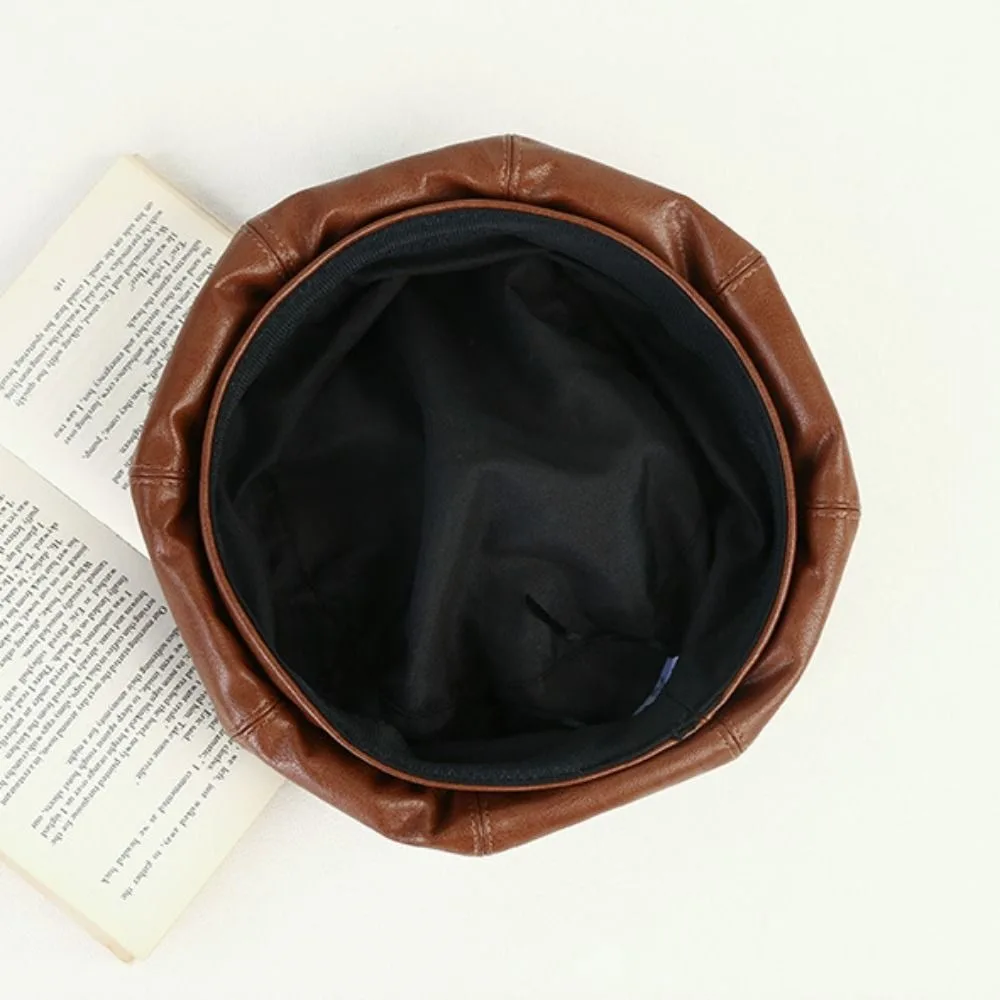 Trendy Retro Beret Hat Solid Color PU Leather French Cap Octagonal Painter Cap for Women