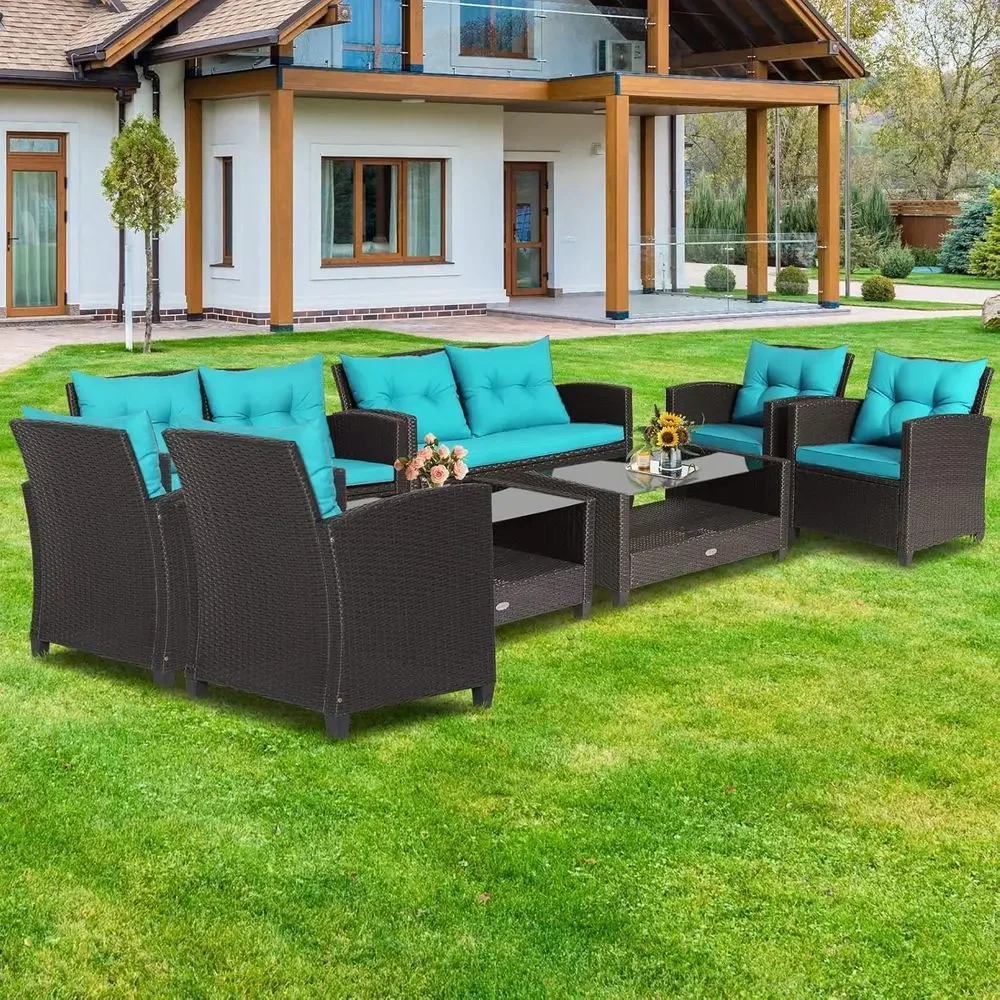 8-Piece Outdoor Rattan Wicker Furniture Set with 2 Loveseats, 4 Chairs, 2 Glass Top Tables
