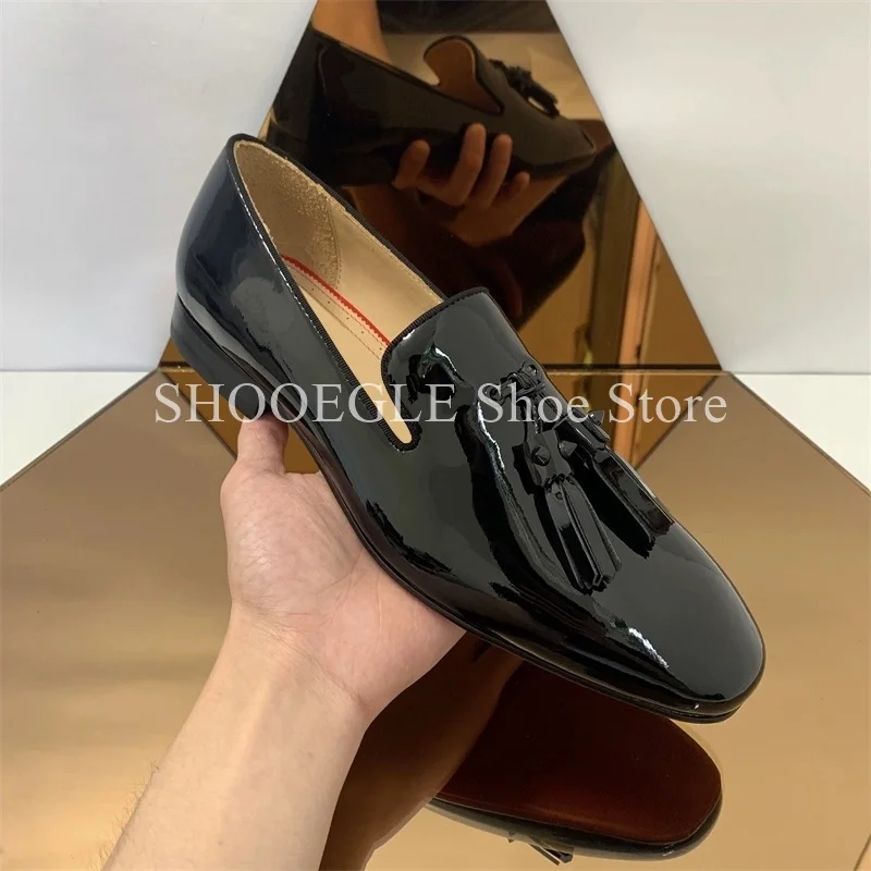 Patent Leather Black British Style Shoes Men Loafers Formal High Quality Flat Small Square Toe Summer Wedding Office Shoes