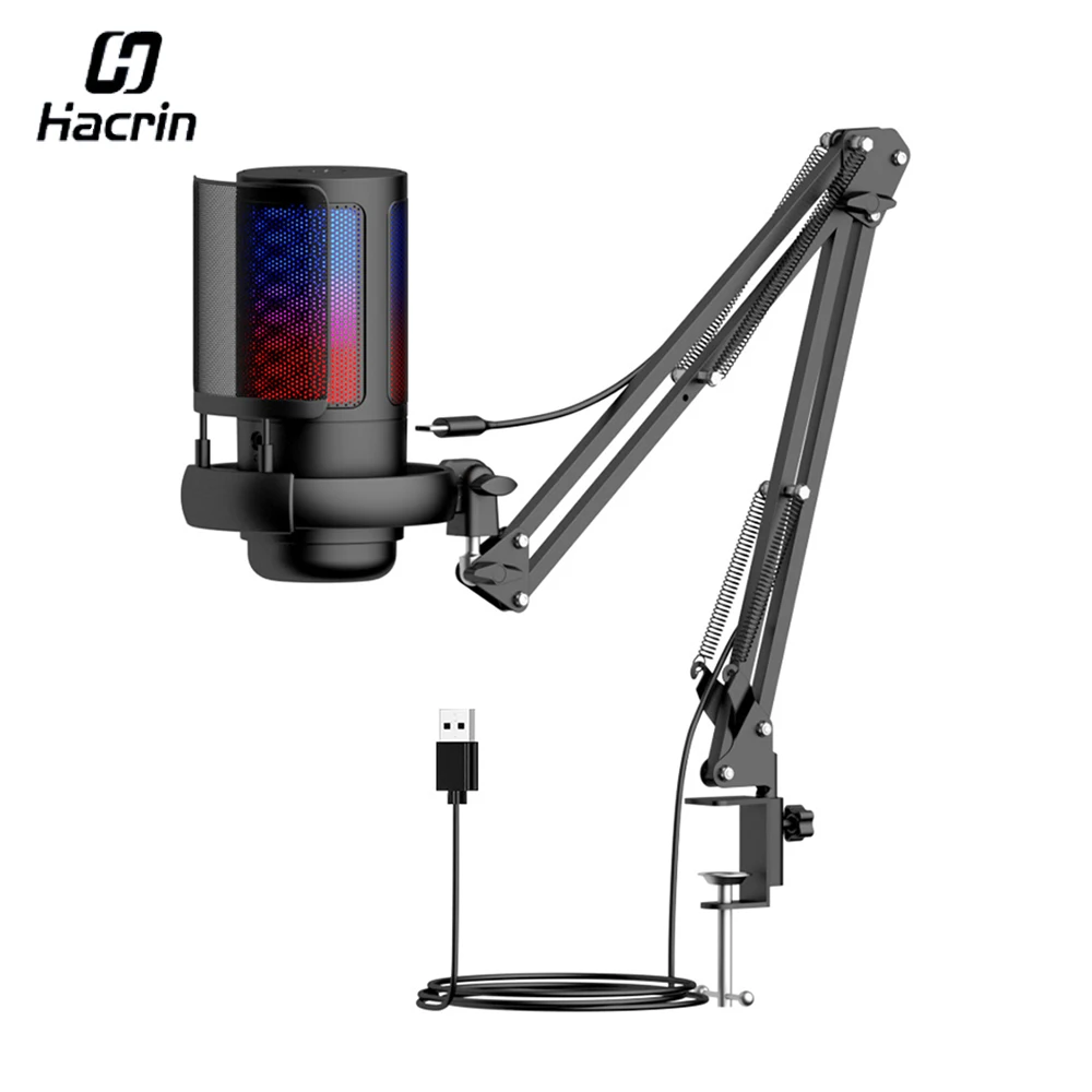 

Конденсаторный USB-микрофон, записывающий RGB-микрофон с металлической подставкой на штанге, настольный микрофон для игрового прямого подкастинга