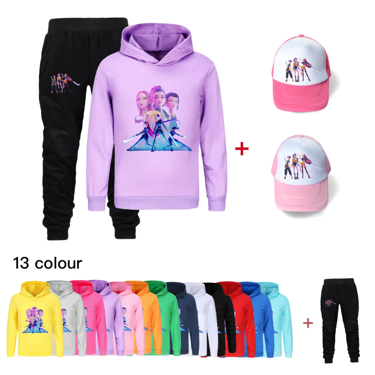 

Детский комплект одежды KPop Demon Hunters Huntrix, осенний спортивный костюм с капюшоном для мальчиков и девочек, футболка с капюшоном, детский свитшот + шапка 4838