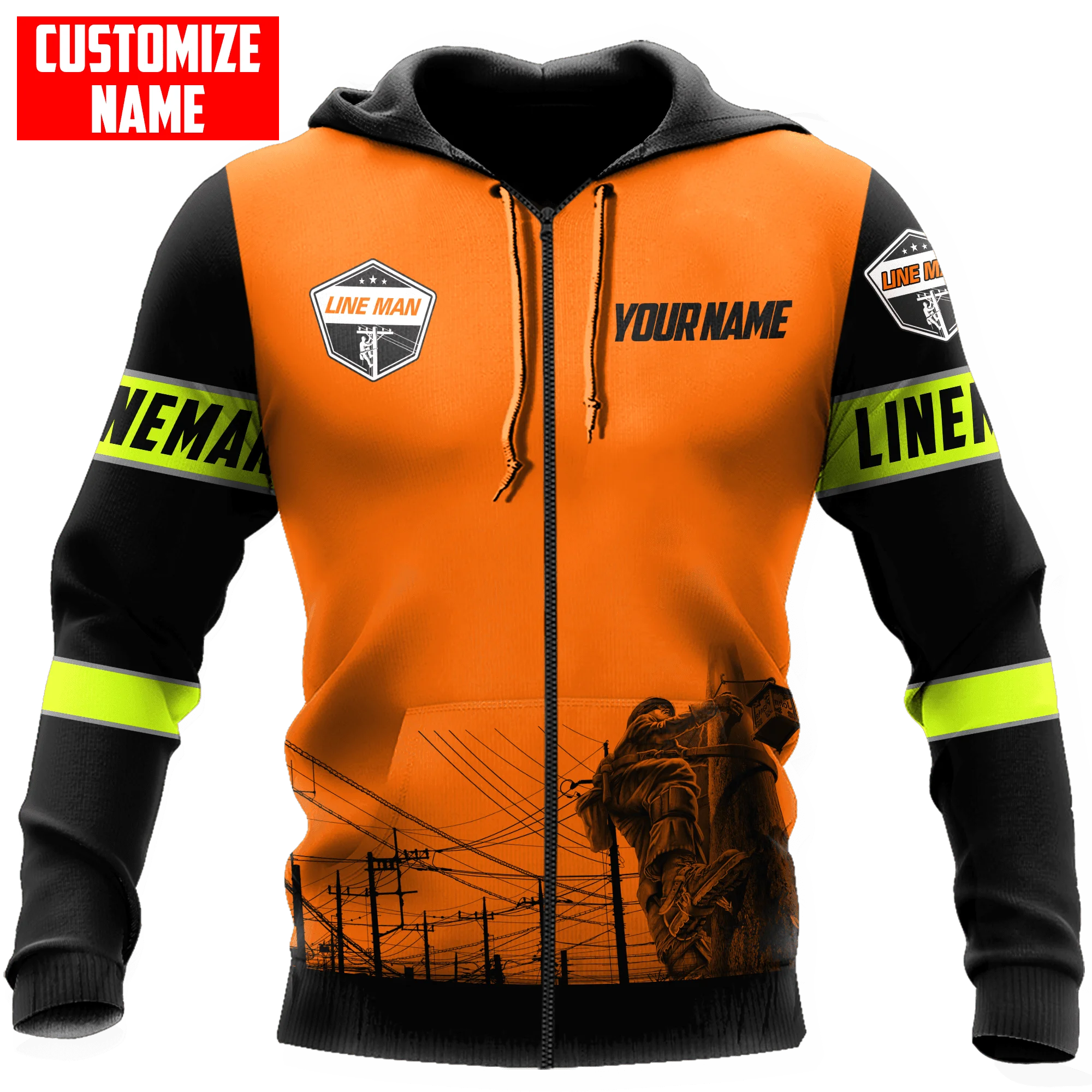 Customize Name Lineman 3D Printed Jacket Men/Women Hooded Sweatshirt Zipper Hoodies Casual Orange Streetwear Unisex Pullover-101