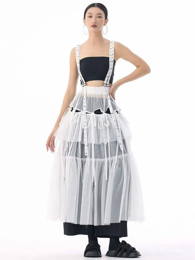 مرونة عالية الخصر القهوة شبكة منظور الشريط حزام نصف الجسم تنورة المرأة موضة المد جديد ربيع الخريف