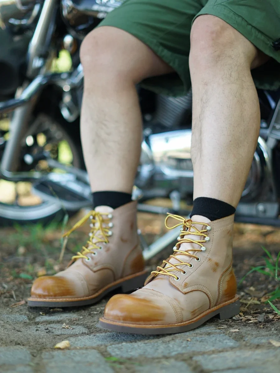 Plant Tanned Leather Primary Color Fog Wax Top Layer Cow-Goodyear Handmade Paratroop Boots for Men New Motorcycle