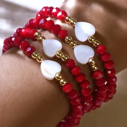 Go2boho Red&Pink Crystal Bead Shell Heart Bracelets For Women Summer Fashion Jewelry Best Friend Girlfriend Gift