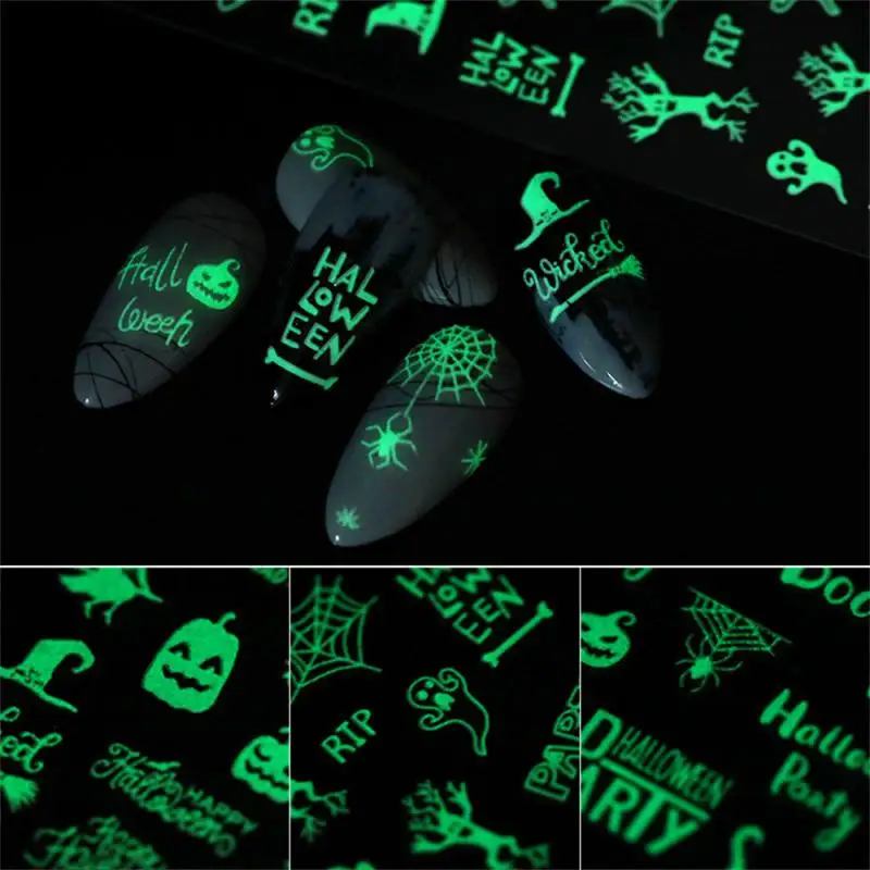 Set Halloween Nail Stickers Decal 3D Glow Halloween Theme Skull Pumpkin Luminous Alien Planet Glow In The Dark Halloween