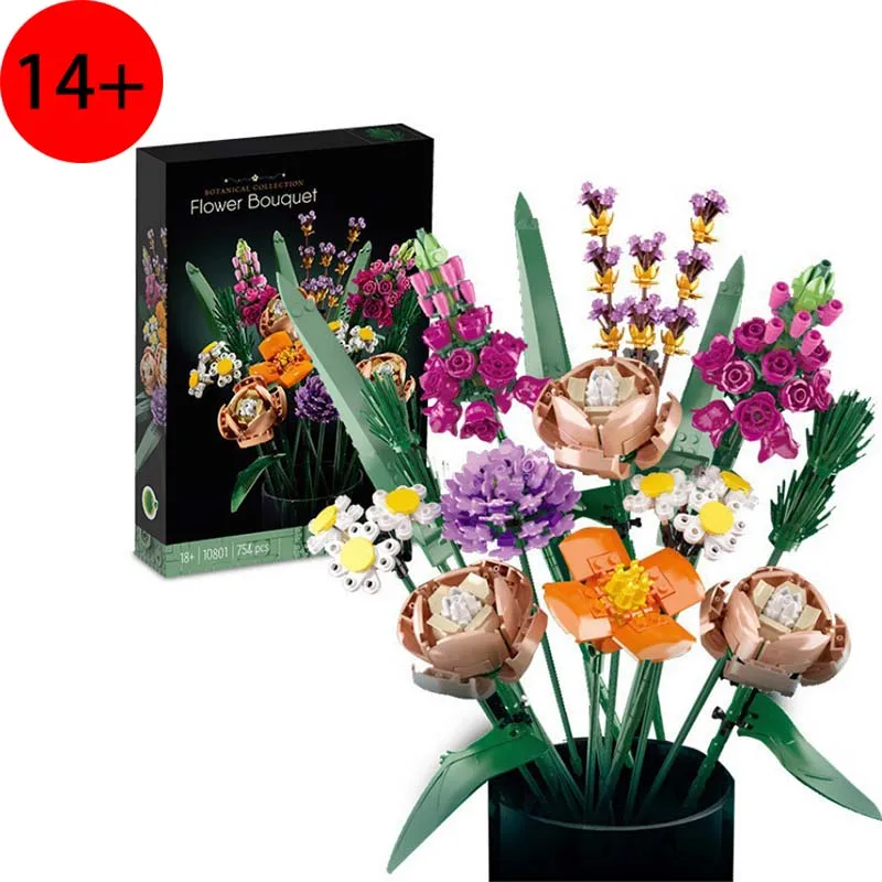 Building Blocks Flower Bouquet Set, Romantic Rose Artificial Flowers, Adult Plant Series, Ideal Valentine's Day Gift