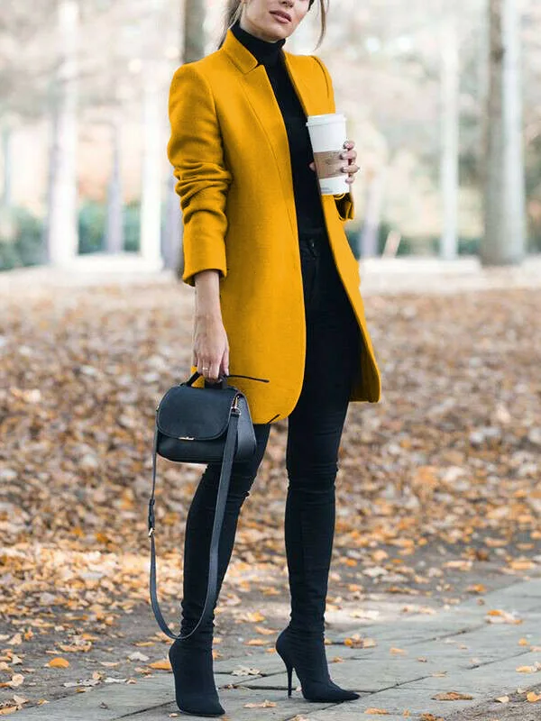 

Slim Stand Collar Coat for Women Pure Color Fitting Jaet Commute Sle Long Sve Mid-Length Single Piece Summer Outerwear