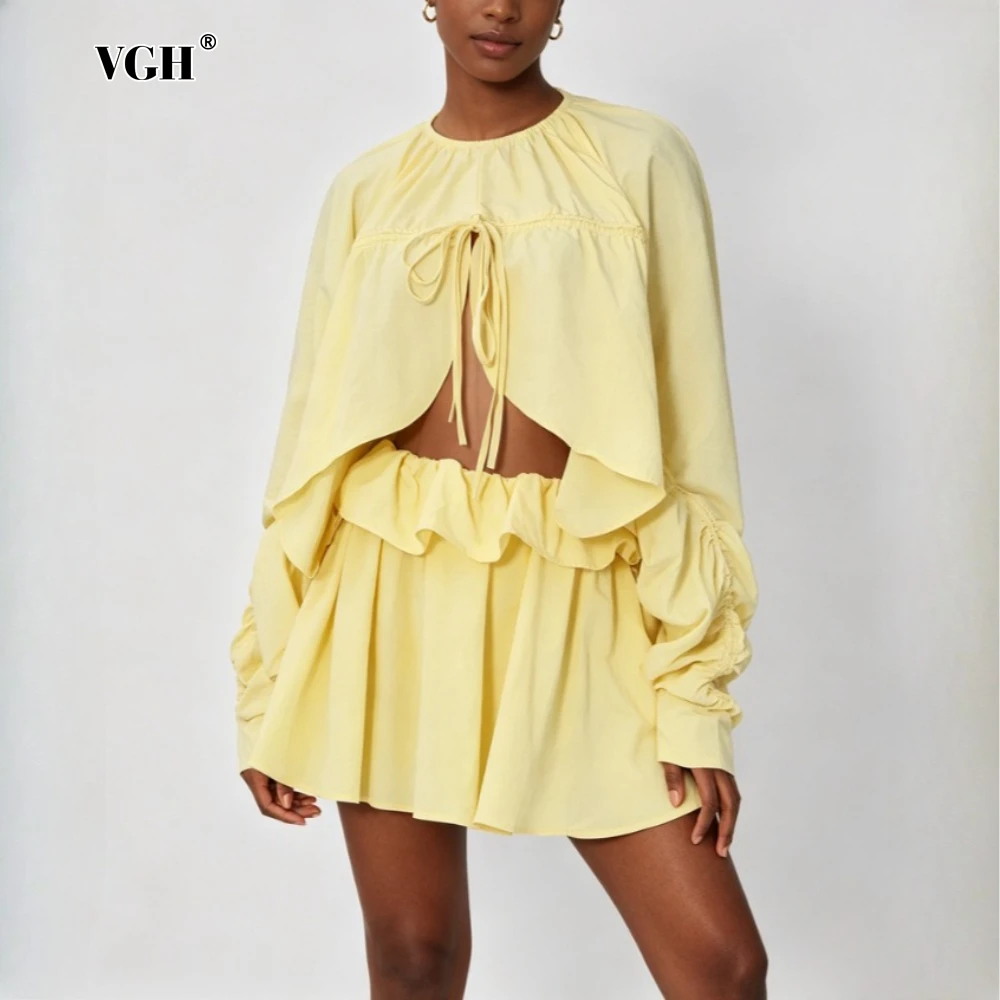 

VGH Yellow Spliced Lace Up Two Piece Set Female O Neck Long Sleeve Top Korean Gentle Women's Skirt Sets Fashion Summer New Style