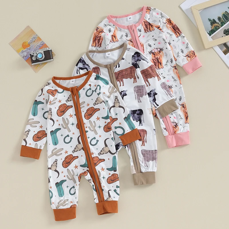 FOCUSNORM 0-12M Autumn Infant Baby Boys Girls Western Jumpsuits 3 Style Cow Head Floral Print Long Sleeve Zipper Romper