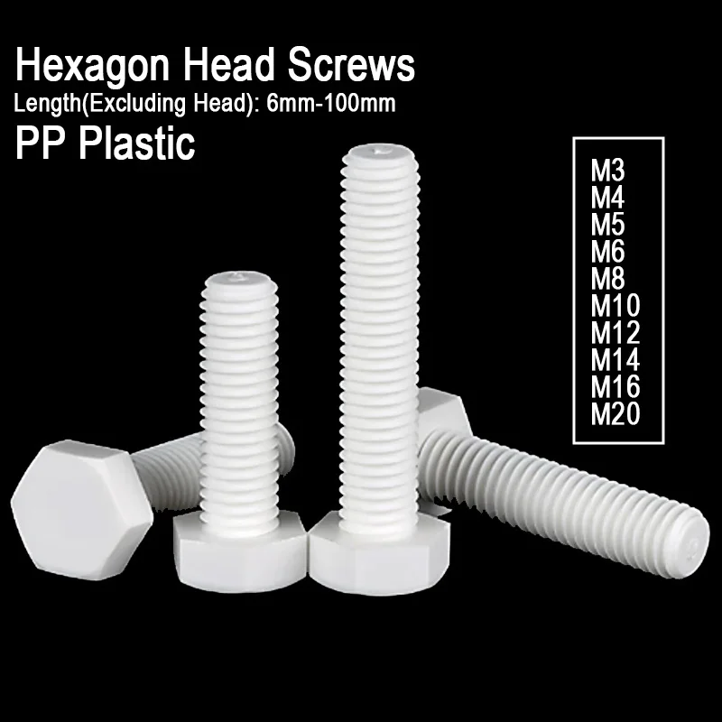 2~25Pcs PP Plastic Hex Head Bolts,Polypropylene Hex Screws M6-M20,Heat Insulation Anti-corrosion Electrical Insulation Fasteners