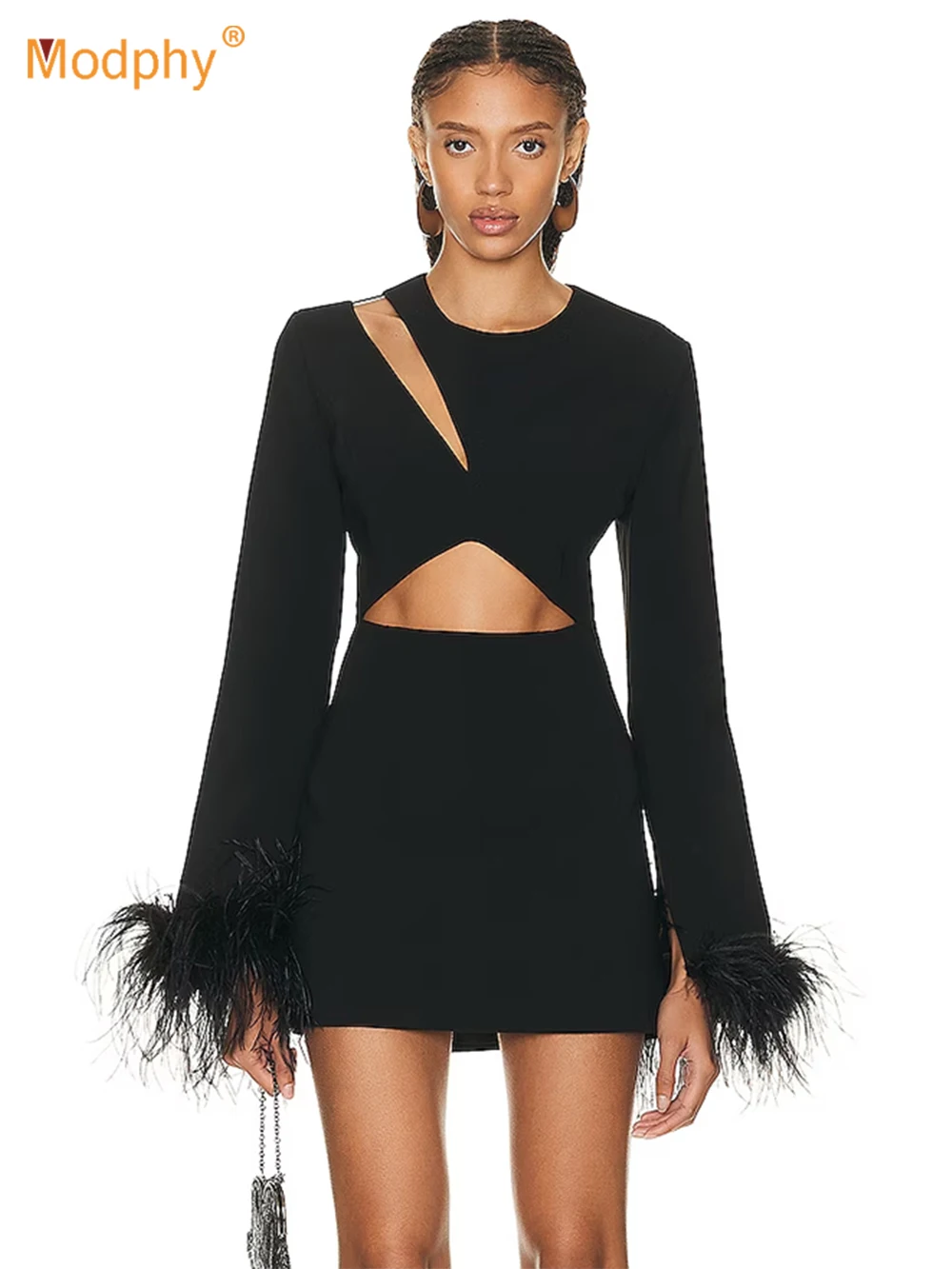 

Modphy New Arrival Women Spring Autumn Sexy Long Sleeve Feather Black Mini Bandage Dress 2024 Elegant Evening Club Party Dress