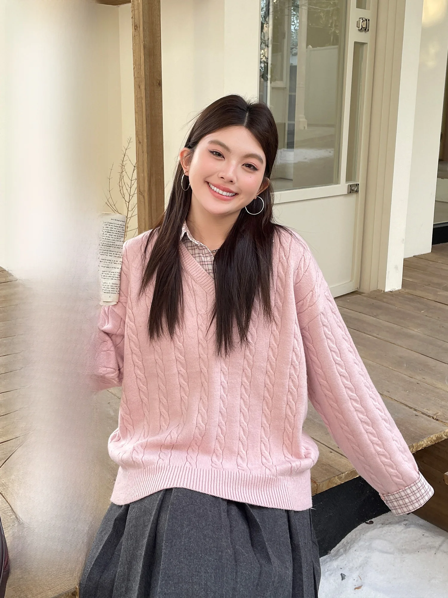 

Осенне-зимний вязаный свитер в клетку с эффектом похудения для женщин больших размеров, повседневный, с воротником, длинными рукавами, топ