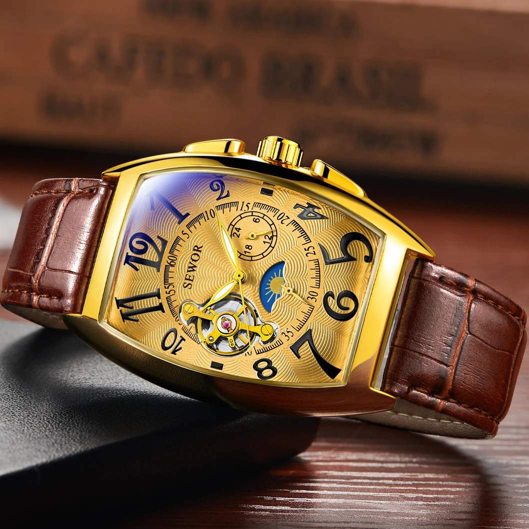 SEWOR Luxury Gold Automatic Watch for Men Tourbillon Moon Phase Skeleton Mechanical Watches Brown Genuine Leather Strap Luminous