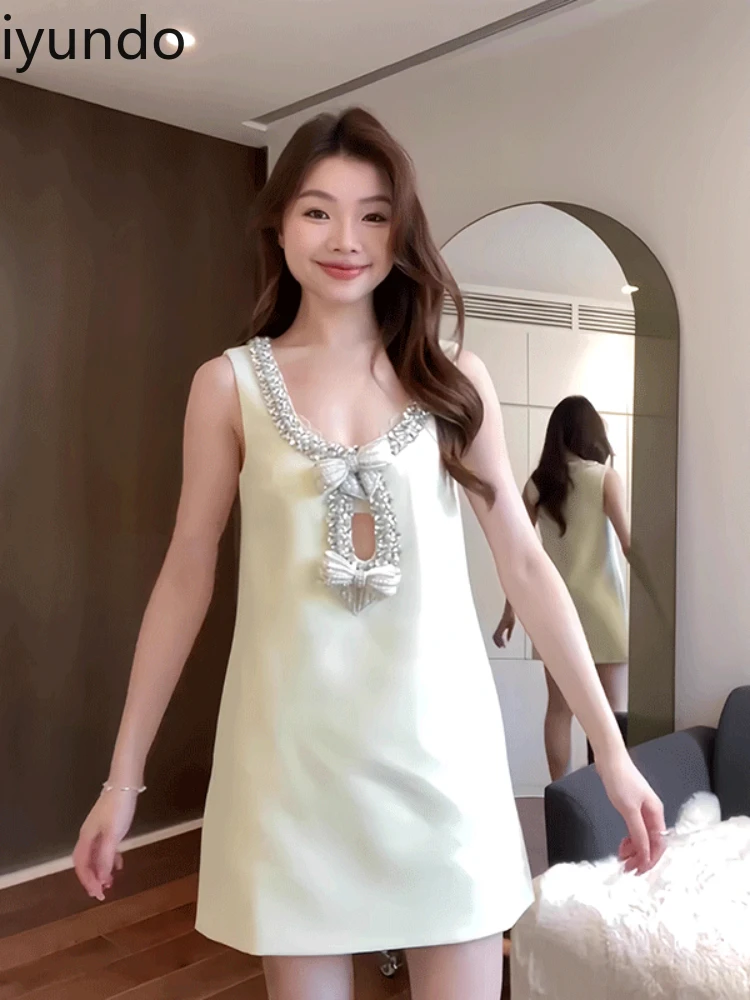 สไตล์ฝรั่งเศสชุดเสื้อกั๊กเล็บเพชร Hollow Bow Suspender Robe แขนกุด Robe Femme Été สีขาว Vestidos De Mujer