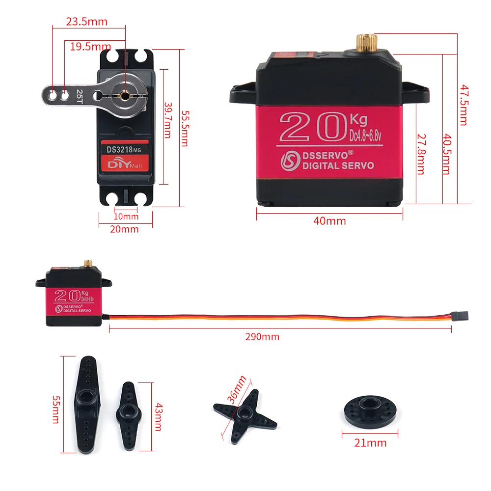 Servo digital DS3218 de 20KG 180 ° /270 °   Motor servo de engrenagem de metal de alto torque, peças diy com braço robótico 25t para carro rc 1:8 1:10 1:12