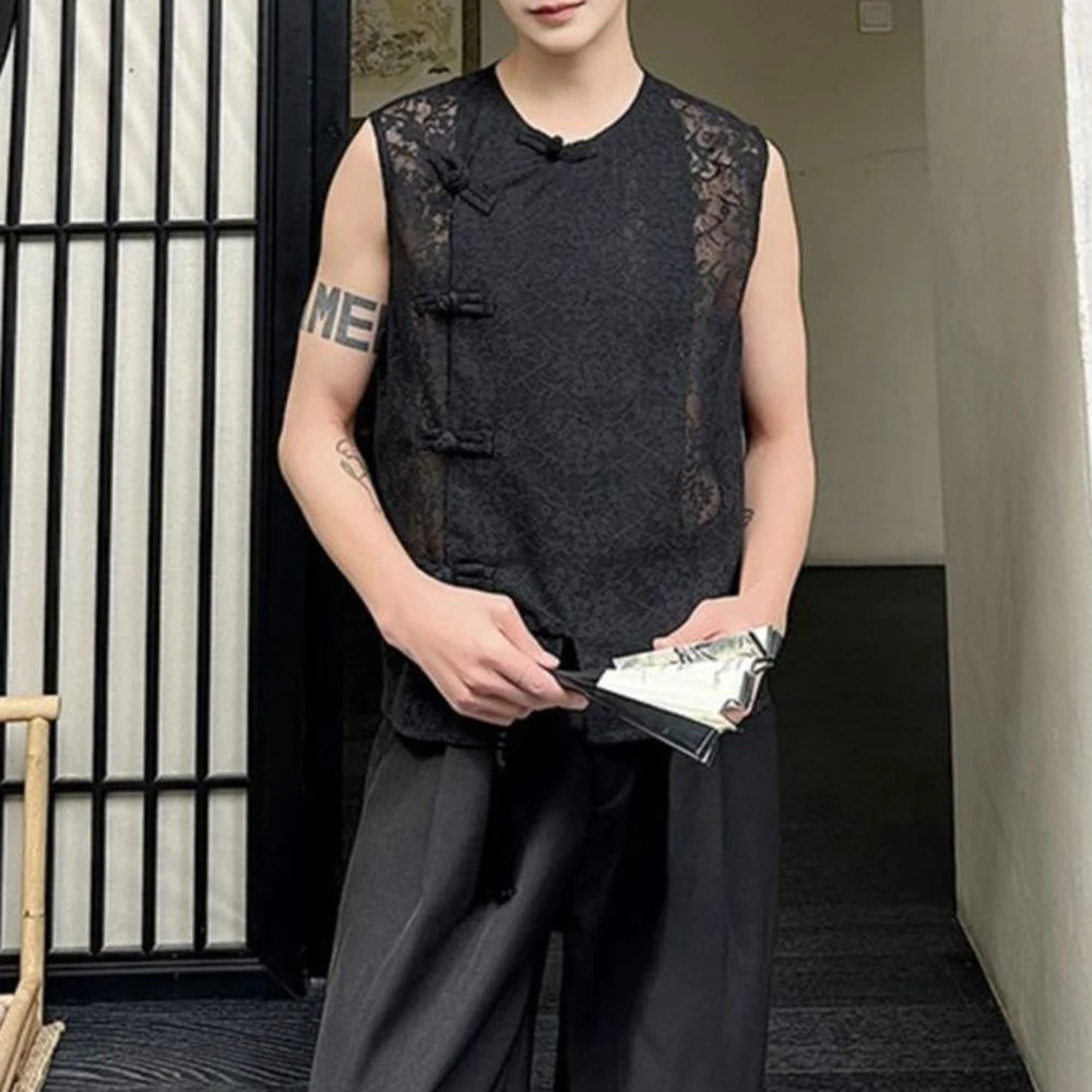 Summer New Men's Sheer Sleeveless Vest Chinese Retro Fashion Trend High Street Casual Simple Loose Breathable Niche Men's Top