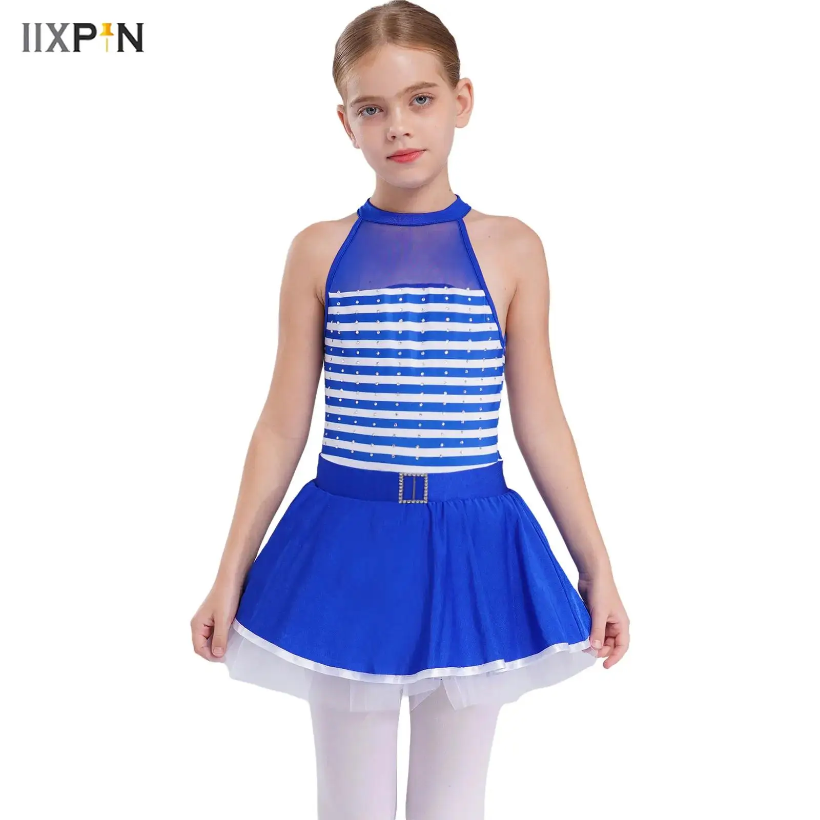 

Kids Girls Ballet Dance Dress Shiny Rhinestones Tutu Dress Sleeveless Keyhole Back Sheer Mesh Patchwork Striped Dress Dancewear