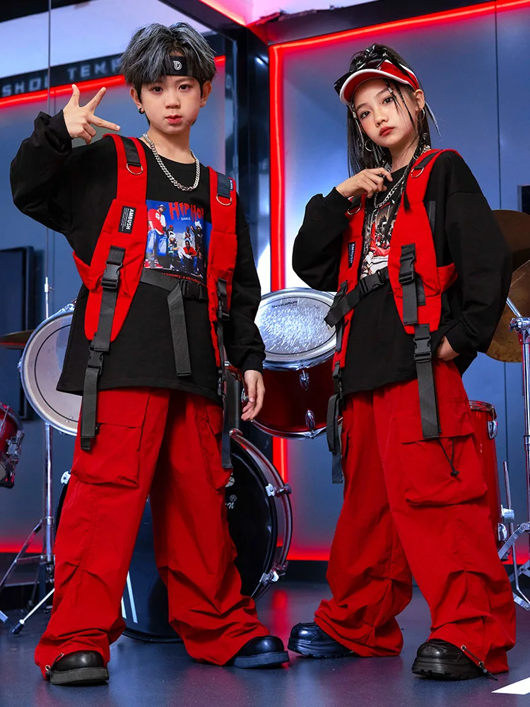 

Kid Hip Hop Clothing Black Print Sweatshirt Red Vest Casual Parachute Cargo Pants for Girl Boy Jazz Dance Wear Costume Clothes