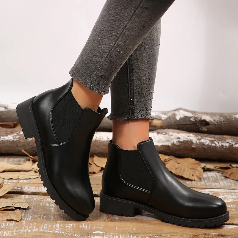 Hot Sale Women 3.5cm Block Heel Chelsea Boots Slip on Elastic Side Lug Sole Durable Outsole Versatile Casual Short Boots