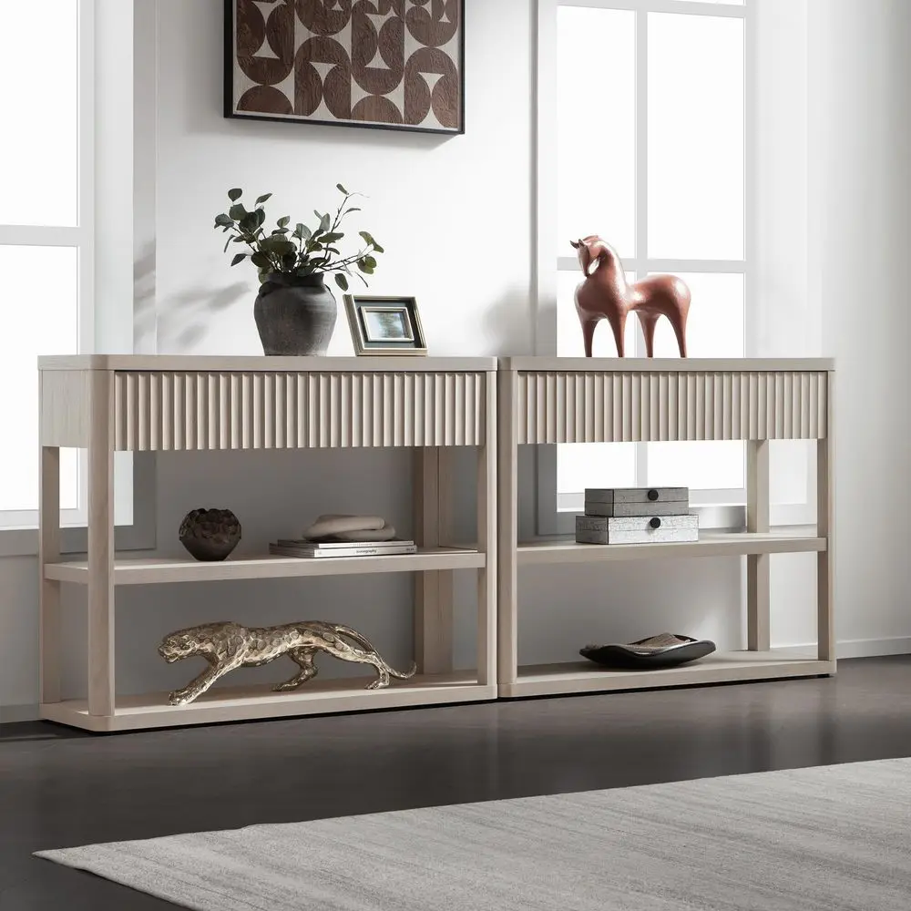 Fluted Entryway Table with Storage, 88.26 W Console Table with 4 Drawers amp 4 Tier Storage Shelves, Modern Sofa Table Behind T