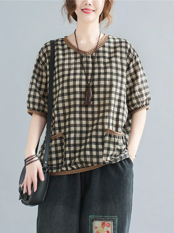 

Свободная хлопково-льняная футболка, женская летняя футболка больших размеров для похудения ort Sve V-Ne, клетчатый топ, удобная дышащая повседневная одежда