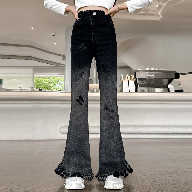 

Детские джинсовые брюки для девочек, осенние джинсы с буквенным бантом и градиентным цветом, детские джинсы с эластичной резинкой на талии, джинсы для девочек от 4 до 14 лет