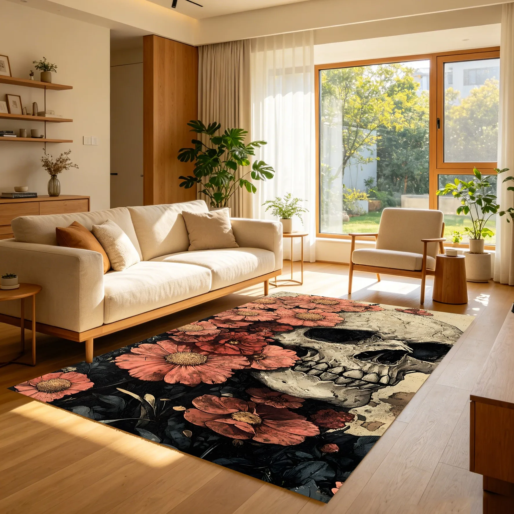 Skull Pink Chrysanthemum Print Dark Gothic Halloween Velvet Rug for Entryway Bedroom Bedside Themed Party Decor