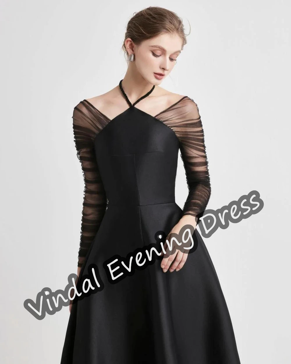 Vestido feminino de cetim halter, elegante comprimento de chá, sutiã embutido, babado sexy, mangas compridas, Arábia Saudita, linha A, elegante, 2024, cabeceira