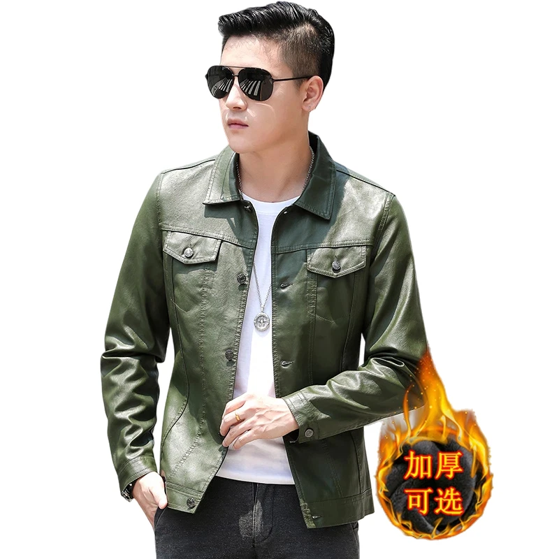 

Повседневная кожаная куртка с воротником, мужская осенне-зимняя новая облегающая куртка для людей среднего и молодого возраста, однотонная кожаная куртка