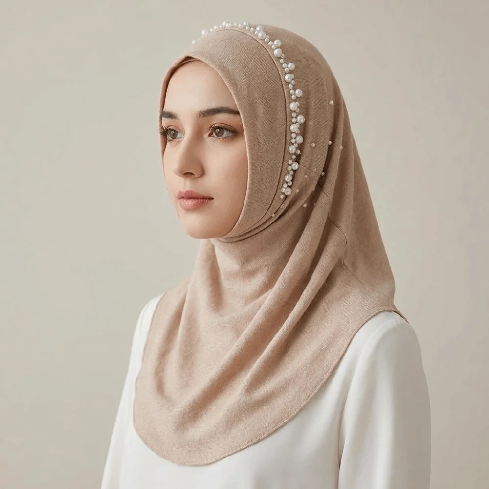 Simple Solid Color Beads Hijab Quick Drying Pull On Style Hijab Scarf Turban Shawls Head Wraps School