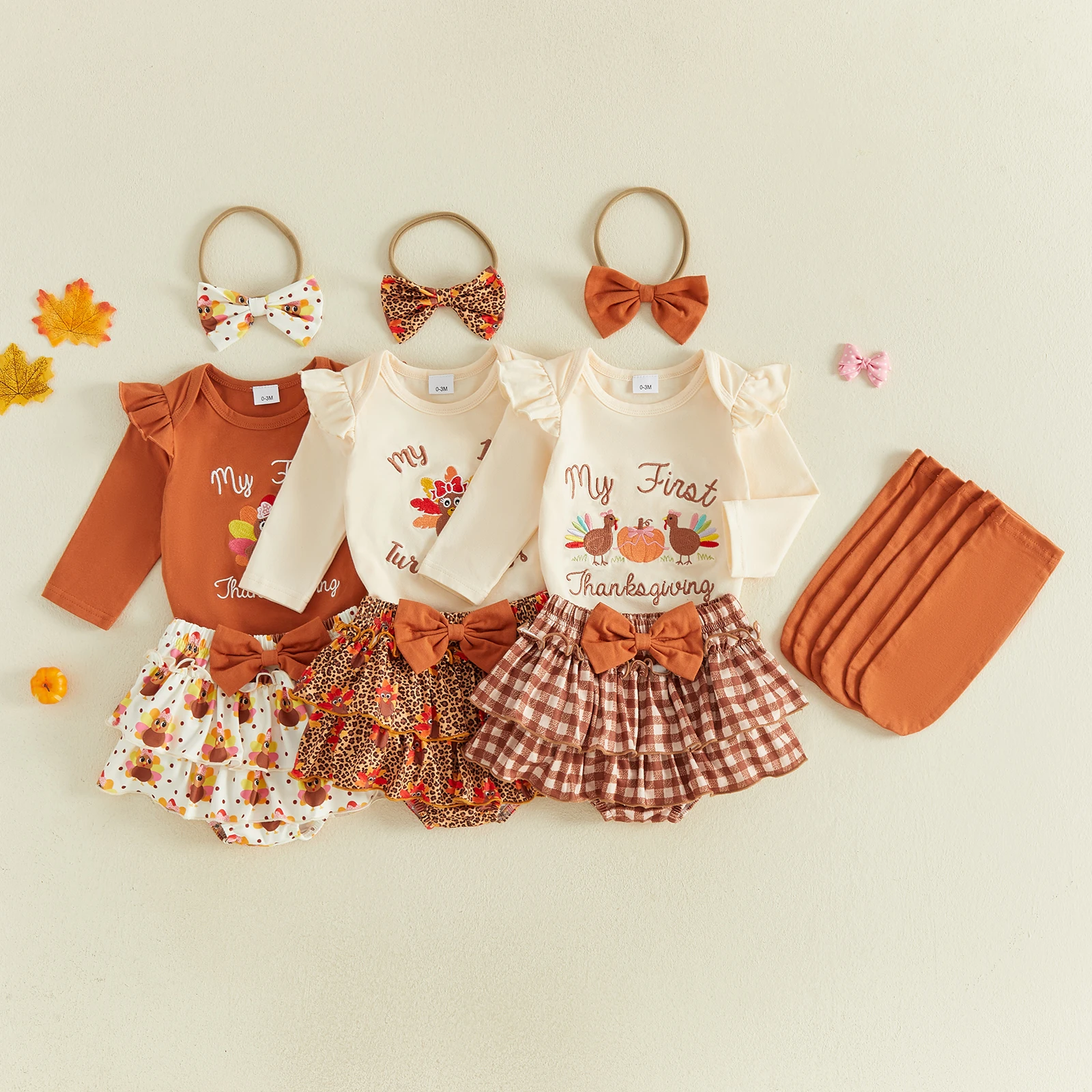 Infant Girl Thanksgiving Outfit Long Sleeve Romper Skort Socks and Headband Thanksgiving Costume