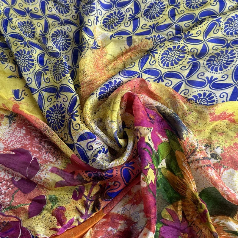 

1 meter 100% Mulberry Silk 6 momme Thin Type Chiffon Silk Fabric Blue Colorful Printed 135cm 53" wide by the yard JN697