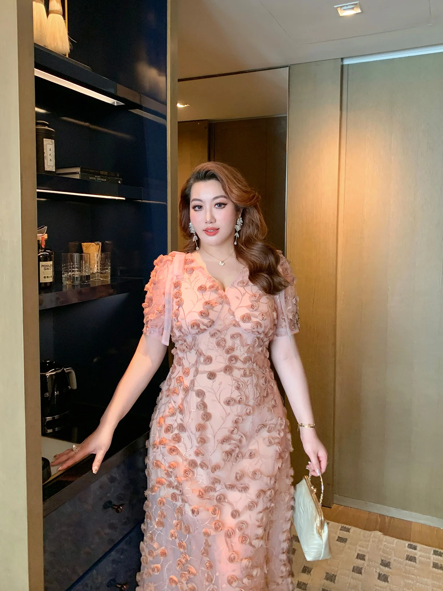 

GLEC plus Size Women's Heavy Embroidery Luxury V-neck 3D Rose Floral Dress A-line Ball Gown Style Short Sleeve Long Summer Dress