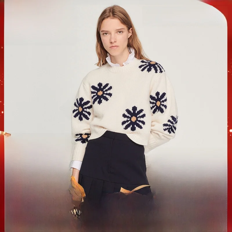 

Ele ort Шерстяной вязаный свитер с рисунком ромашки Теплый свитер для поездок на работу круглый Ne Long Sve Свитер с принтом «летучая мышь»