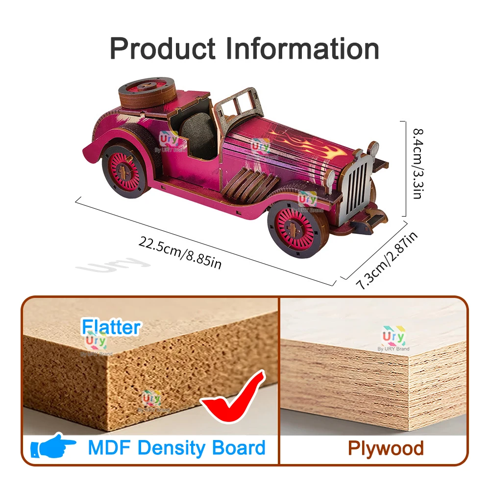 Ury 3D Wooden Puzzle Colorful Retro Vintage Car Classic Nostalgic Movie Vehicle Assembly Model DIY Decoration Gift Toy for Adult
