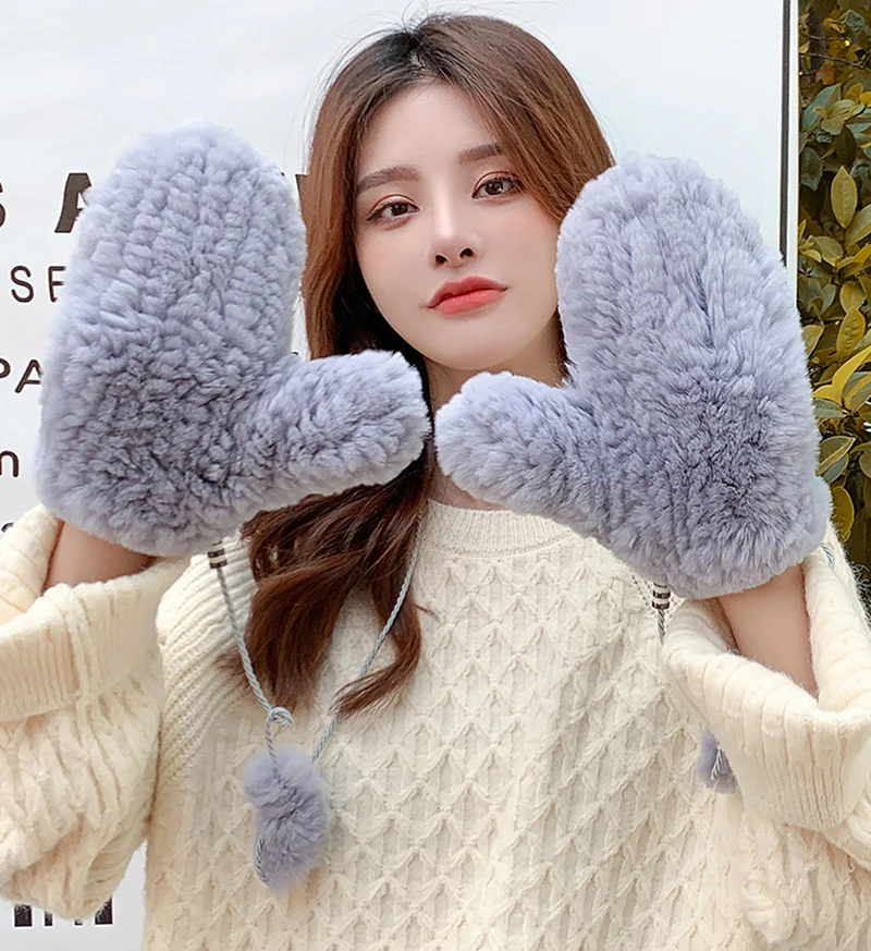 Women's Winter Real Rex Rabbit Fur Gloves Warm Thick Ladies Fur Mittens Elastic Girls Ski Glove Mitts Elastic Soft With String