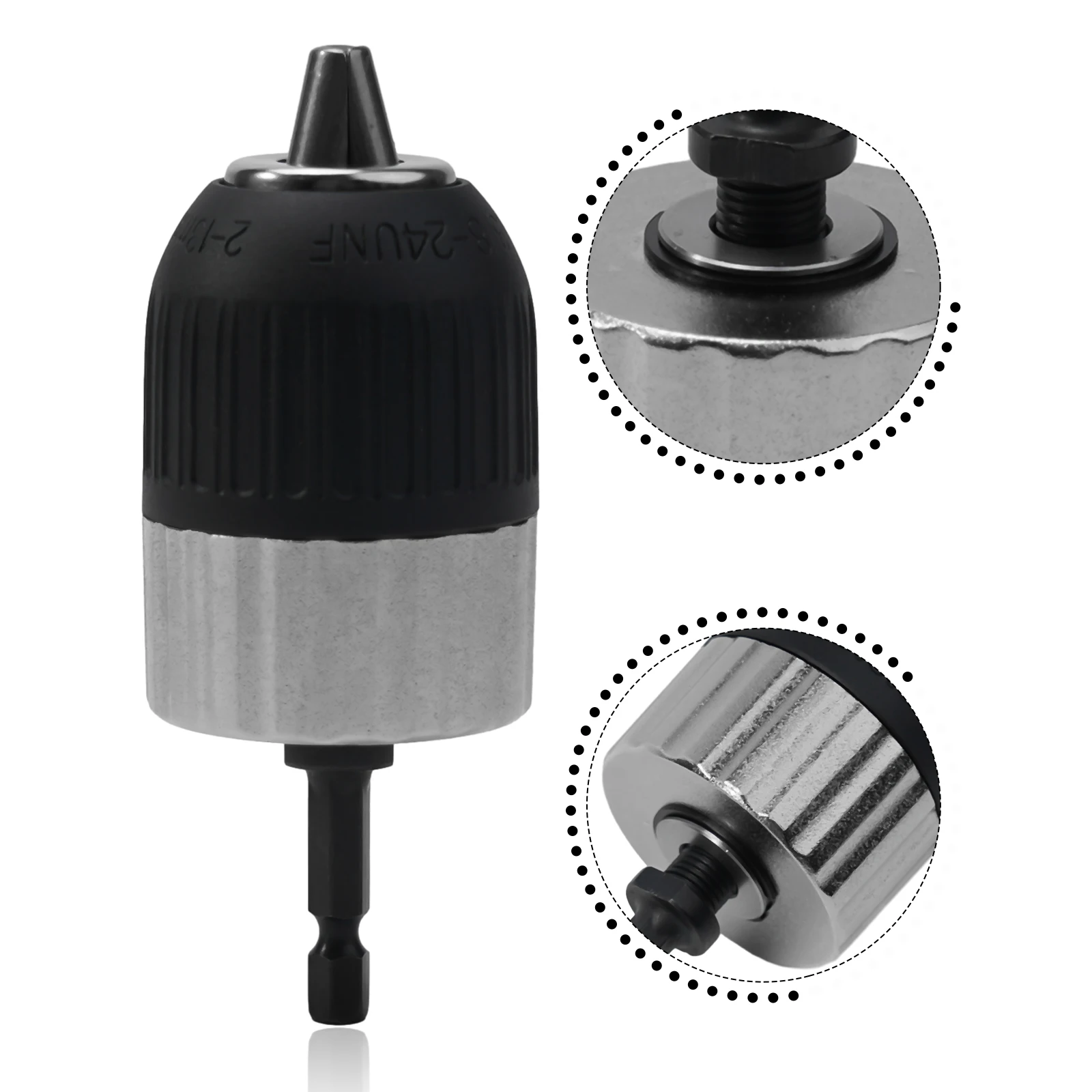 

Для сверл Адаптер с шестигранным хвостовиком Бесключевой сверлильный патрон Для деревообработки Серебристый черный Регулируемый зажимной держатель сверл