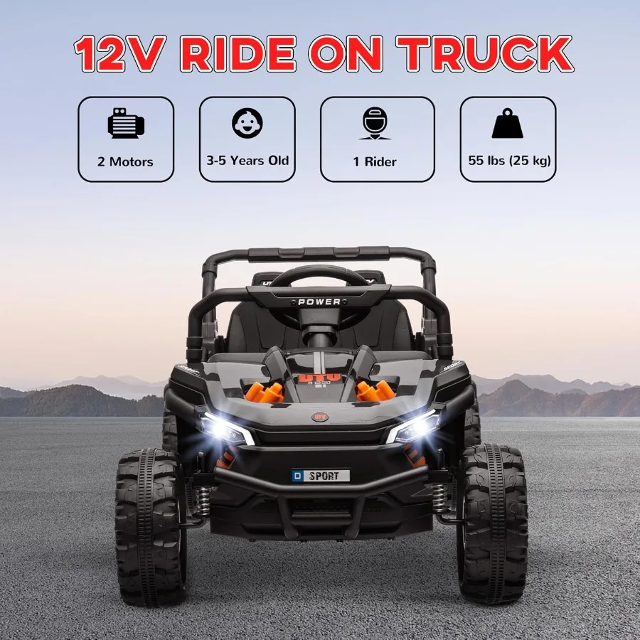 รถบรรทุกเด็กขับขี่แบบใช้แบตเตอรี่ 12V UTV ความเร็ว 3.7 ไมล์ต่อชั่วโมง รถไฟฟ้าออฟโรดพร้อมรีโมทคอนโทรล ระบบกันสะเทือน 4 ล้อ ไฟหน้า LED 3 ระดับความเร็ว