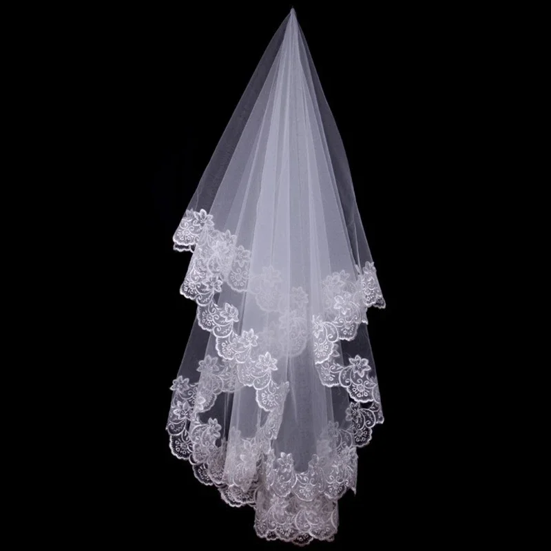 Voile de mariage court pour femme, blanc, une couche, dentelle, appliques de bord de fleur