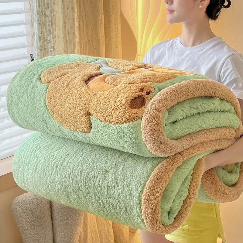 Winter Lamb Fleece Blanket One-piece Nap Blankets Thickened Soft Warm Plush Quilt Simple Cartoon Embroidery Office Sofa Blanket