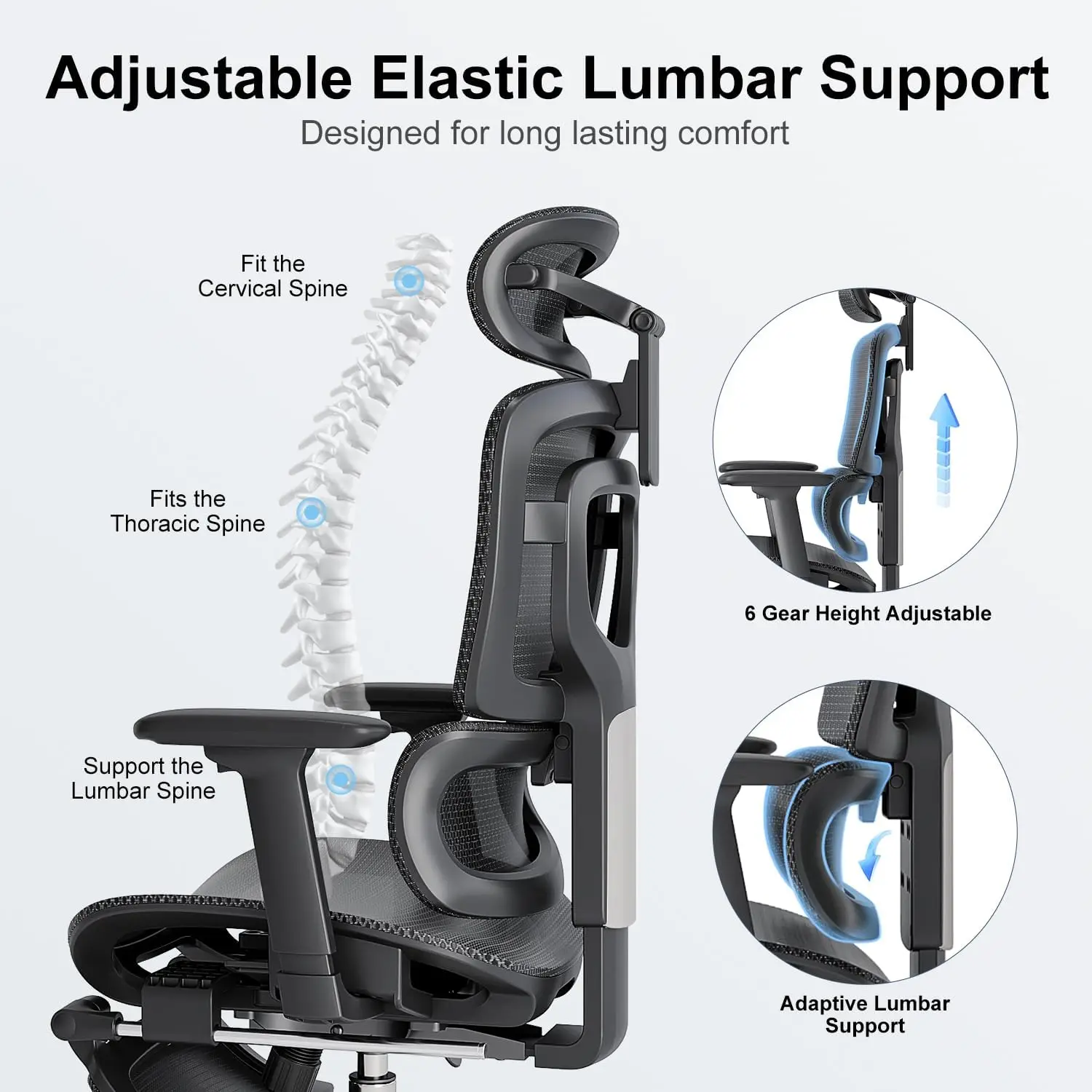 Cadeira ergonômica do escritório com apoio lombar adaptativo, cilindro de gás SGS classe 4, 400 LBS capacidade, encosto de cabeça 3D e braço