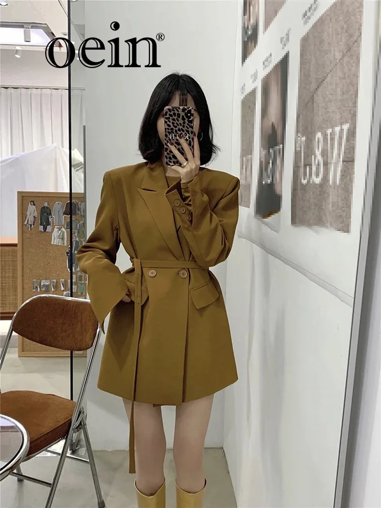 [oein] 2024 Autumn South Korea Dongdaemun Spring Solid Color Suit Loose Lace Up Long Sleeved Mid Length Suit Coat Women's Trend