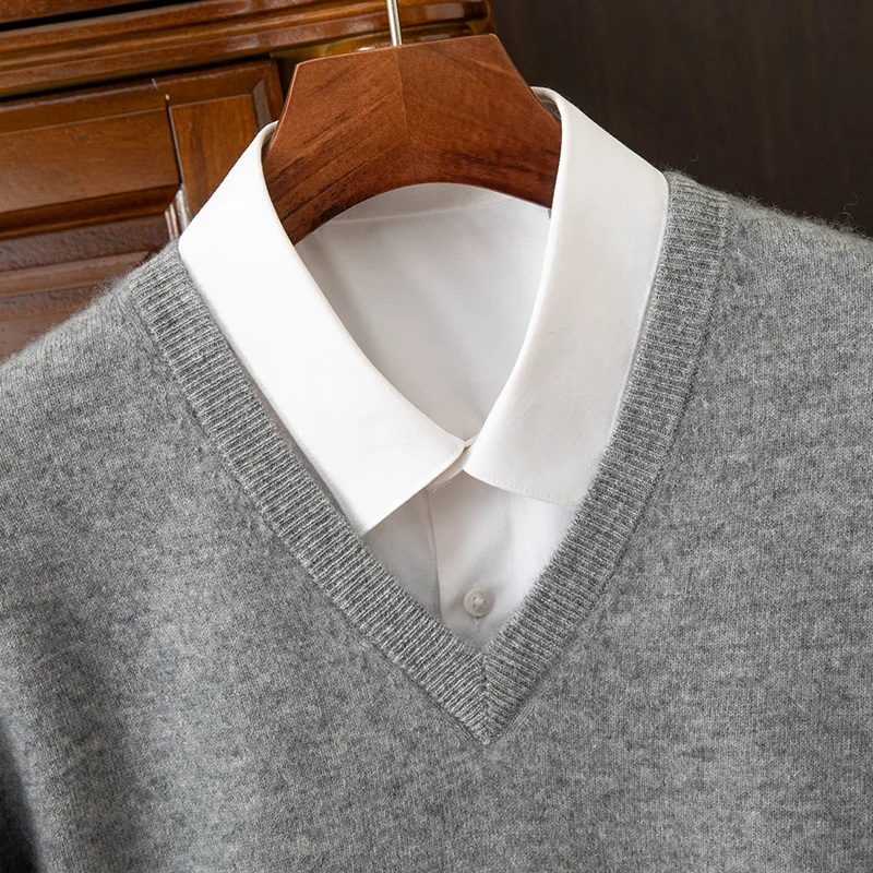 100% Cashmere Men's Pullover Casual Solid Color Knitted Sweater Loose Pull V-Neck Tops Basic Versatile Jumper view 2