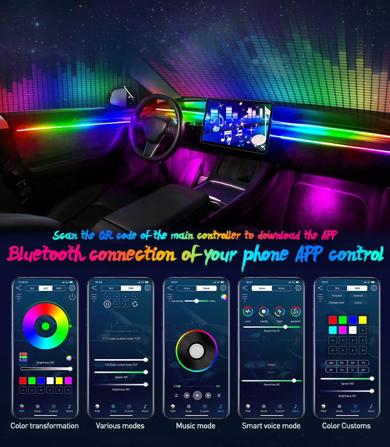 18 In 1 Full Color Streamer Car Ambient Lights RGB 64 Color Universal LED Interior Hidden Acrylic Strip Symphony Atmosphere Lamp