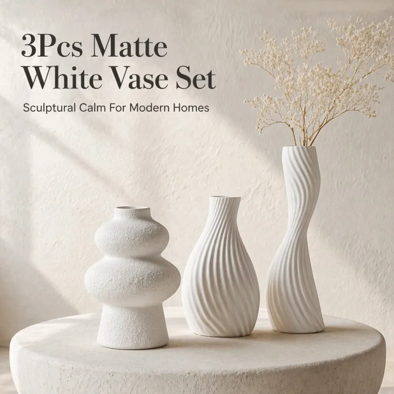 3Pack Wave Twist & Gourd Vase Trio Rough Sand Matte PLA Vase for Boho Farmhouse Shelf Pampas Grass Dry Floral Ornament