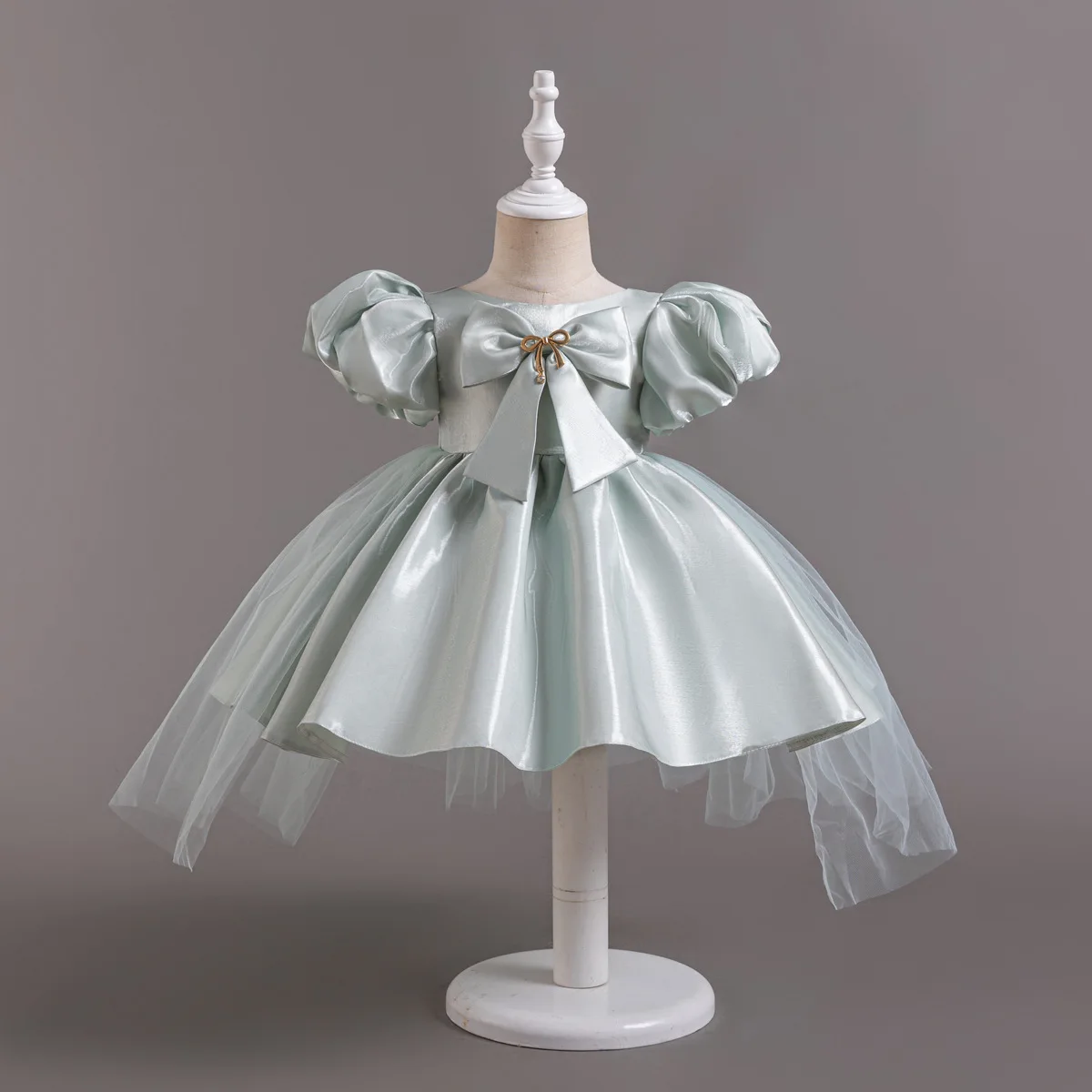 HETISO Girls Satin Party Dress with Golden Bow Trailing Tulle Puff Sleeves Kids Ball Gown for Ages 1-5 Summer Children's Outfit