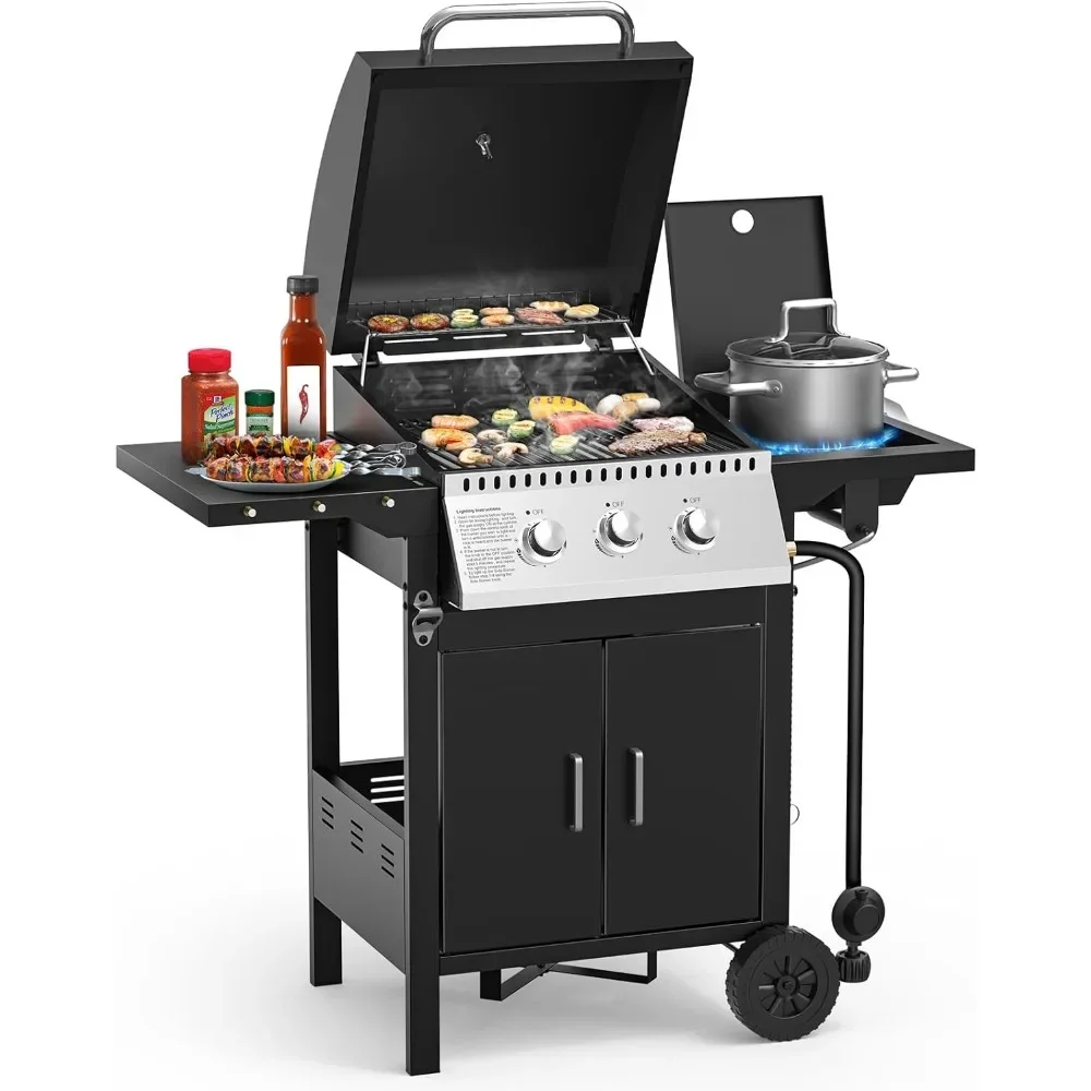 BBQ Gas Grill，30,000 BTU Ideal for Outdoor Cooking, 3 Burner Propane, Easy To Clean and Maintain, Barbecue Grill