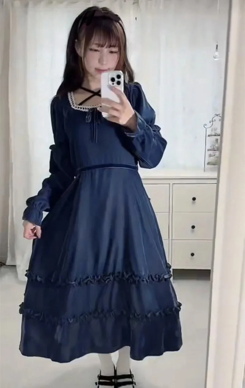 Japanese Style Original Woven Lace Collar Long Sleeve Dress Sweet Autumn New Sweet Girl High Waist Puffy Velvet Maxi Dress