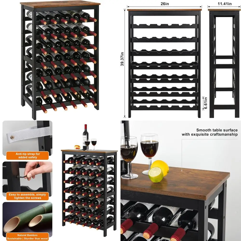 

7-Tier Bamboo Wine Rack - Freestanding Floor Storage Shelf for Kitchen, Dining Room, and Bar in Rustic Brown and Black
